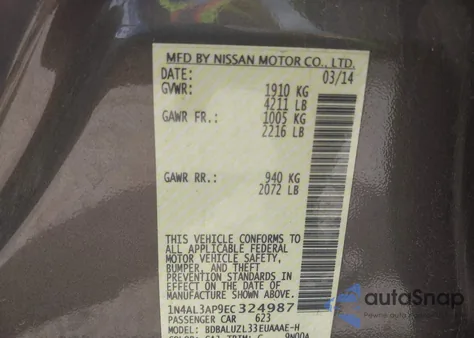 2014 Nissan Altima 2.5 Sv из США, поврежденный, VIN 1N4AL3AP9EC324987